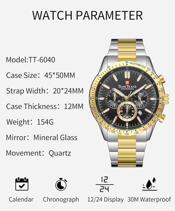 Mens Watches Analog Quartz Movement Big Face Waterproof Chronograph Wrist Watch Sport Work Classical Fashion Watches for Men with Leather Strap - Image 3