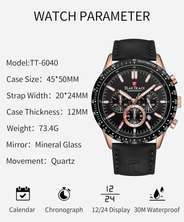 Mens Watches Analog Quartz Movement Big Face Waterproof Chronograph Wrist Watch Sport Work Classical Fashion Watches for Men with Leather Strap - Image 27