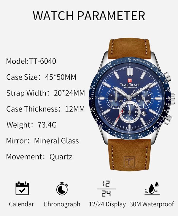 Mens Watches Analog Quartz Movement Big Face Waterproof Chronograph Wrist Watch Sport Work Classical Fashion Watches for Men with Leather Strap - Image 39