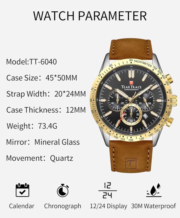 Mens Watches Analog Quartz Movement Big Face Waterproof Chronograph Wrist Watch Sport Work Classical Fashion Watches for Men with Leather Strap - Image 15