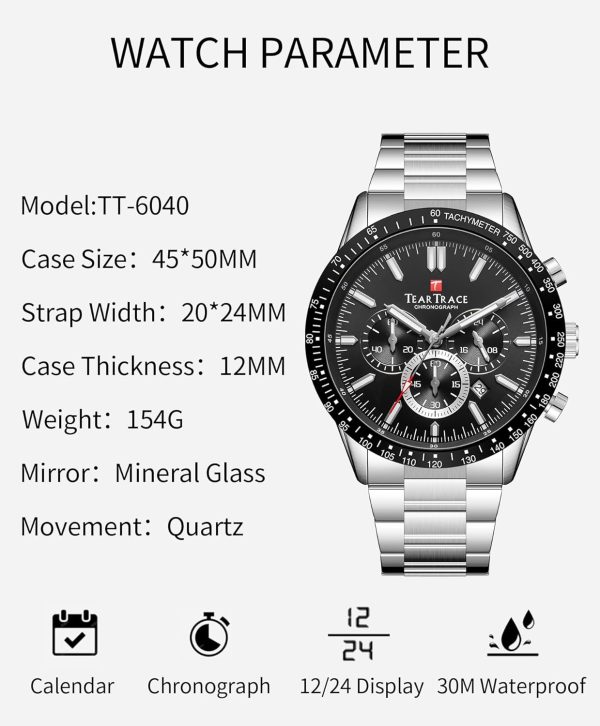 Mens Watches Analog Quartz Movement Big Face Waterproof Chronograph Wrist Watch Sport Work Classical Fashion Watches for Men with Leather Strap - Image 21