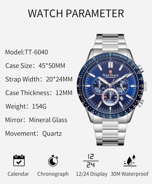 Mens Watches Analog Quartz Movement Big Face Waterproof Chronograph Wrist Watch Sport Work Classical Fashion Watches for Men with Leather Strap - Image 27