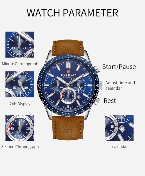 Mens Watches Analog Quartz Movement Big Face Waterproof Chronograph Wrist Watch Sport Work Classical Fashion Watches for Men with Leather Strap - Image 41