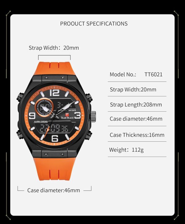 Men's Watch Analog-Digital Chronograph Waterproof Sport Watch Calendar Date Luminous Alarm Casual Work Hiking Running Wrist Watch with Second Hand and Silicone Strap - Image 3