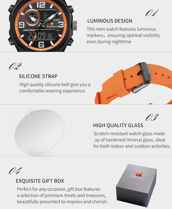 Men's Watch Analog-Digital Chronograph Waterproof Sport Watch Calendar Date Luminous Alarm Casual Work Hiking Running Wrist Watch with Second Hand and Silicone Strap - Image 4