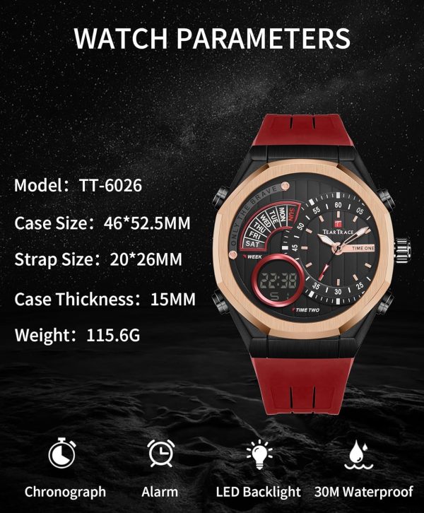 Men's Watch Analog-Digital Chronograph Waterproof Sport Watch Calendar Date Luminous Alarm Casual Work Hiking Running Wrist Watch with Second Hand and Silicone Strap - Image 11