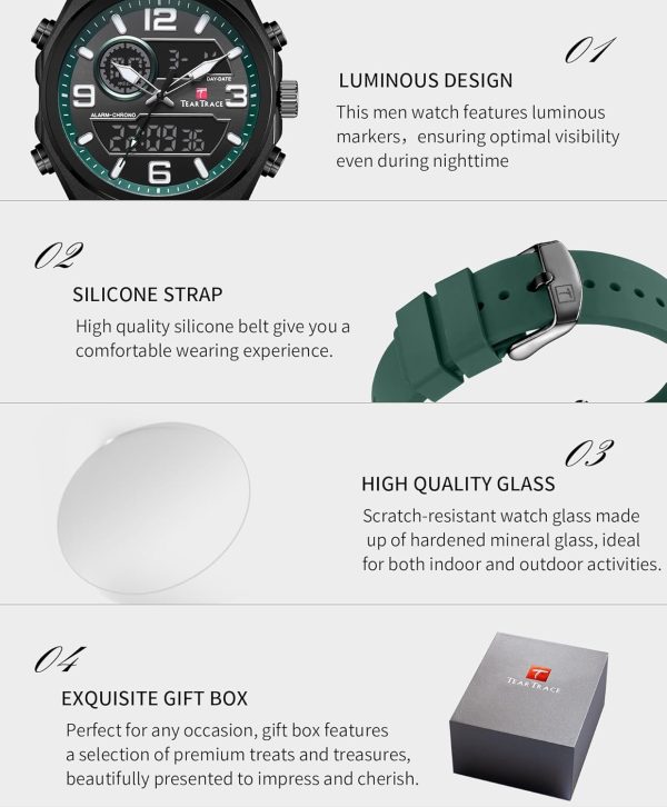 Men's Watch Analog-Digital Chronograph Waterproof Sport Watch Calendar Date Luminous Alarm Casual Work Hiking Running Wrist Watch with Second Hand and Silicone Strap - Image 25