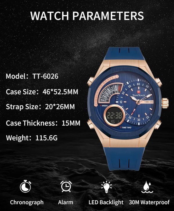 Men's Watch Analog-Digital Chronograph Waterproof Sport Watch Calendar Date Luminous Alarm Casual Work Hiking Running Wrist Watch with Second Hand and Silicone Strap - Image 31
