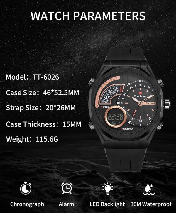 Men's Watch Analog-Digital Chronograph Waterproof Sport Watch Calendar Date Luminous Alarm Casual Work Hiking Running Wrist Watch with Second Hand and Silicone Strap - Image 47