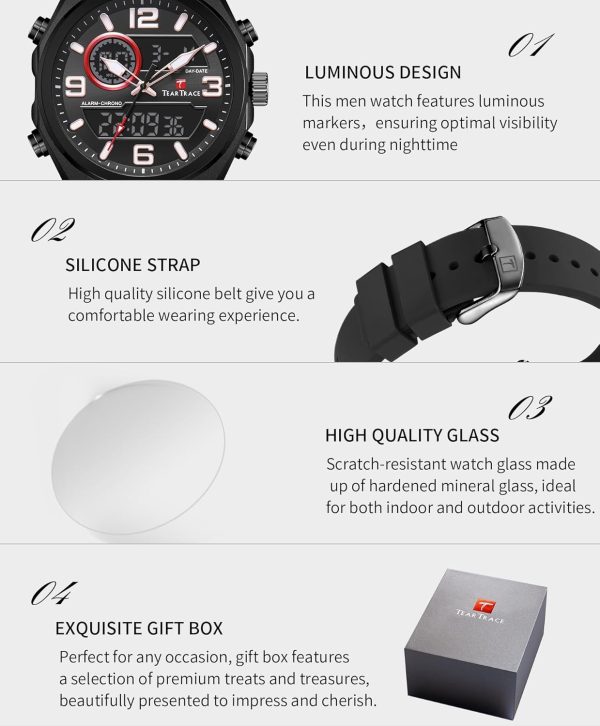 Men's Watch Analog-Digital Chronograph Waterproof Sport Watch Calendar Date Luminous Alarm Casual Work Hiking Running Wrist Watch with Second Hand and Silicone Strap - Image 54